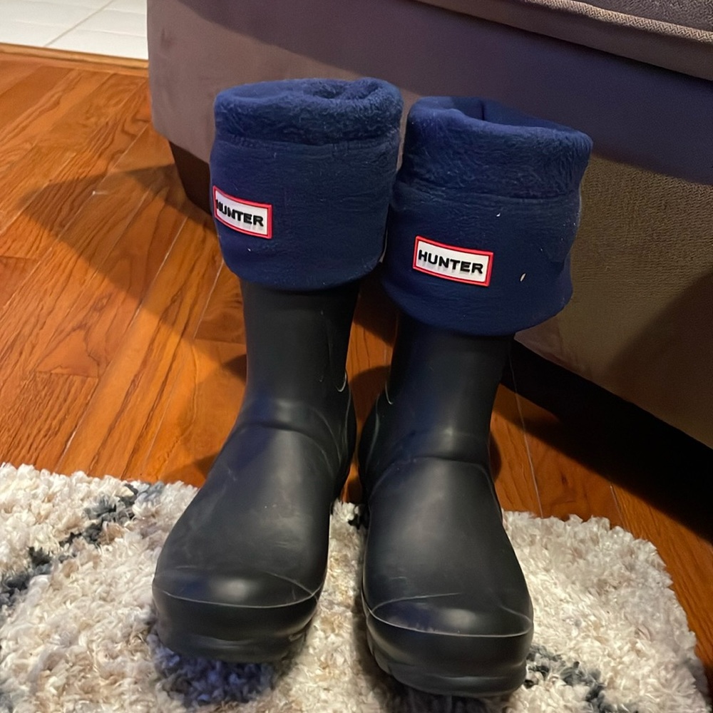Hunter Black Rain Boots with Navy Fleece Cuff